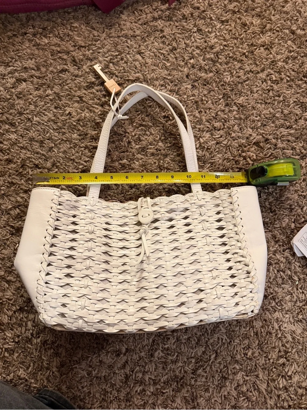 Vintage Fossil Ivory Woven Leather Tote Bag with Key Charm